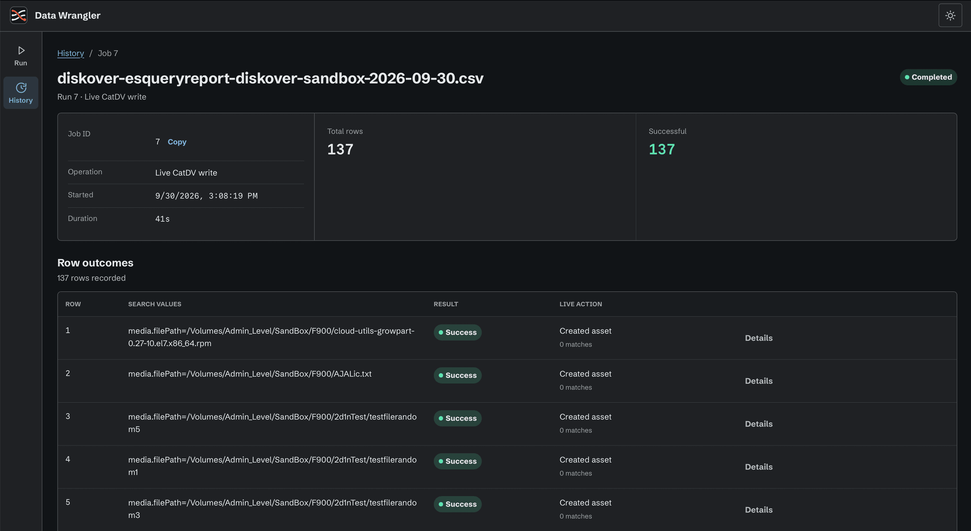 A finished Data Wrangler job: 137 of 137 rows successful in 41 seconds, with a row outcomes table that lists each row's search values, result, and CatDV action.