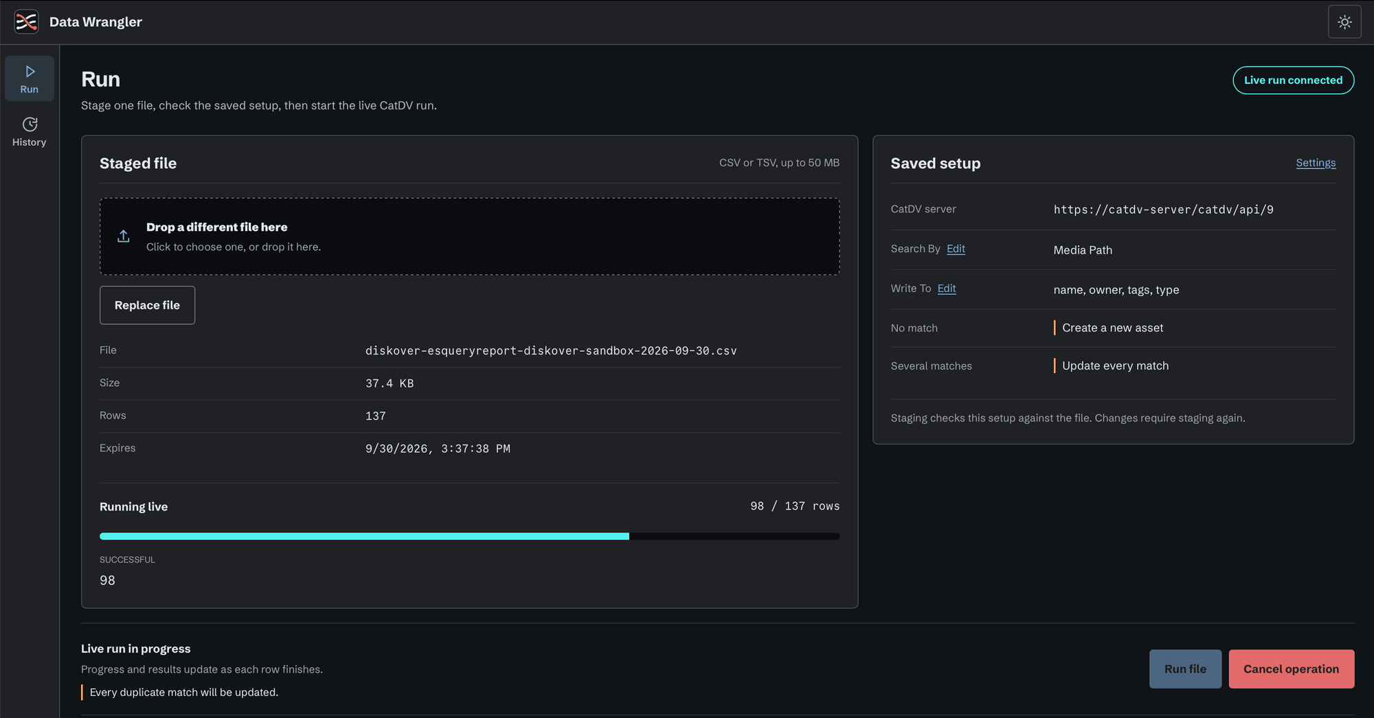 The Data Wrangler Run view during a live run: 98 of 137 rows done, beside the saved setup that searches CatDV by media path and writes the name, owner, tags, and type fields.