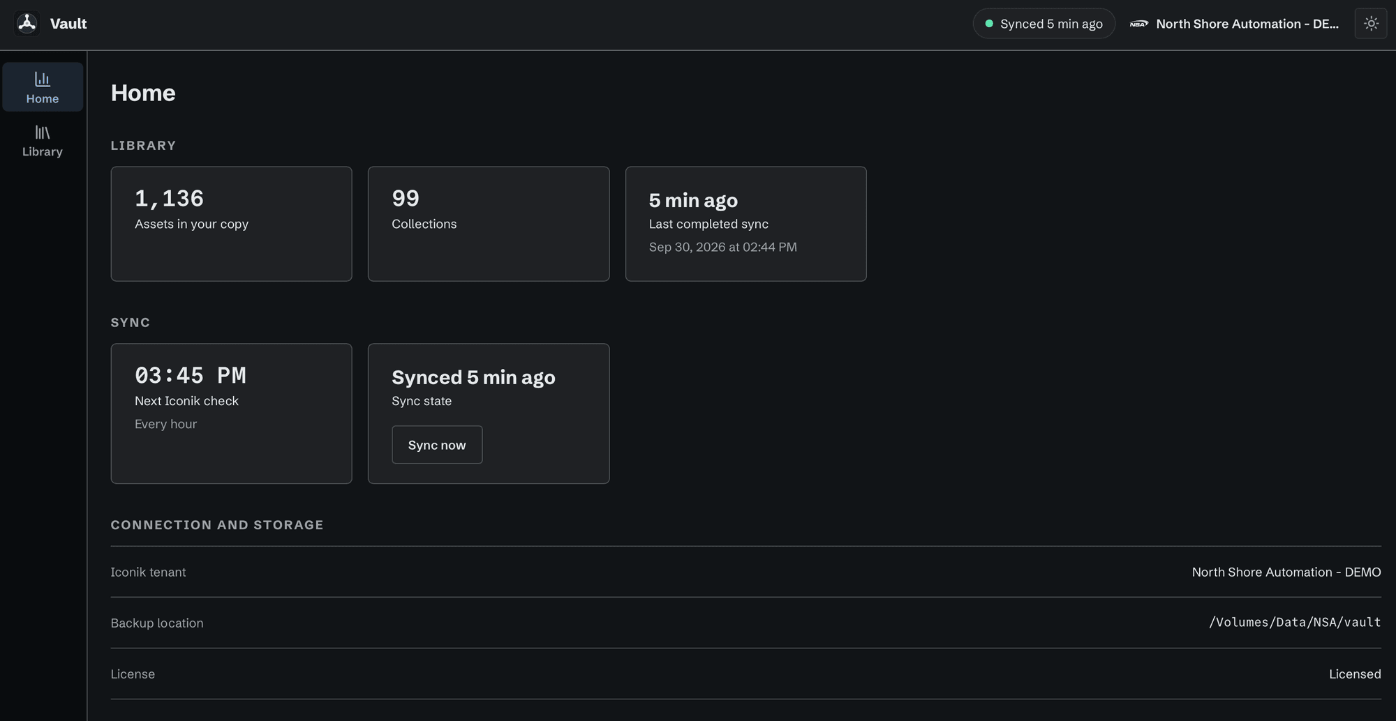 The Vault Home view: 1,136 assets and 99 collections in the copy, the last completed sync, the next hourly Iconik check, a Sync now button, and the backup location.