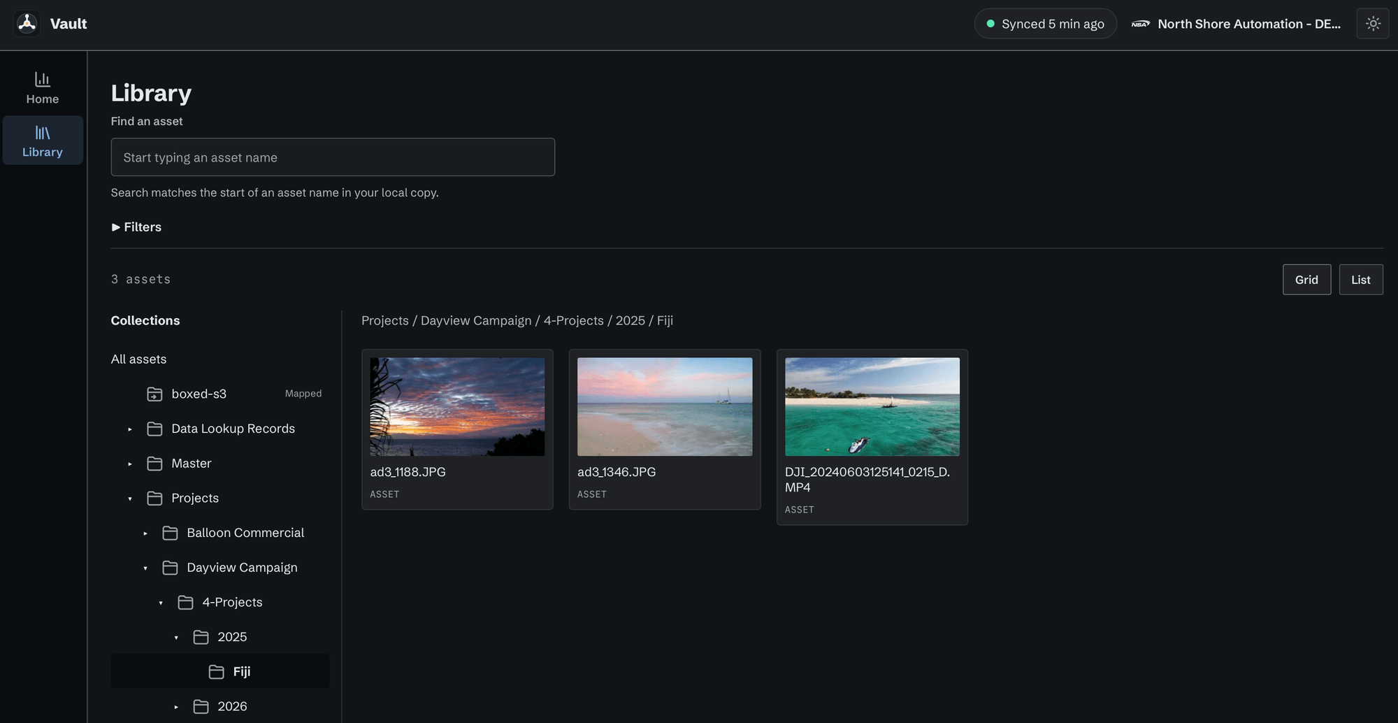 The Vault Library view: a search field, the Iconik collection tree with the Fiji collection selected, and three assets shown with their preview images.