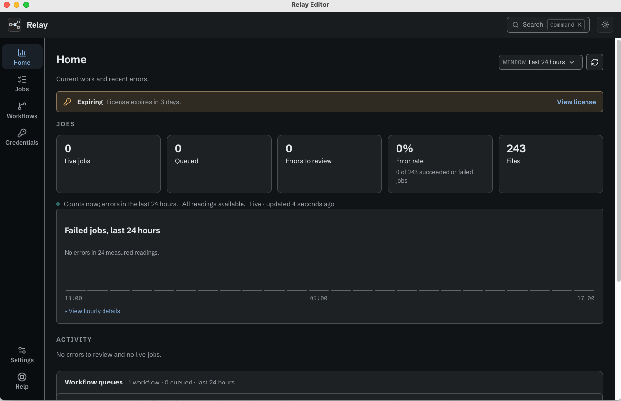 Relay Home dashboard showing live jobs, queued work, errors, files, and workflow queues