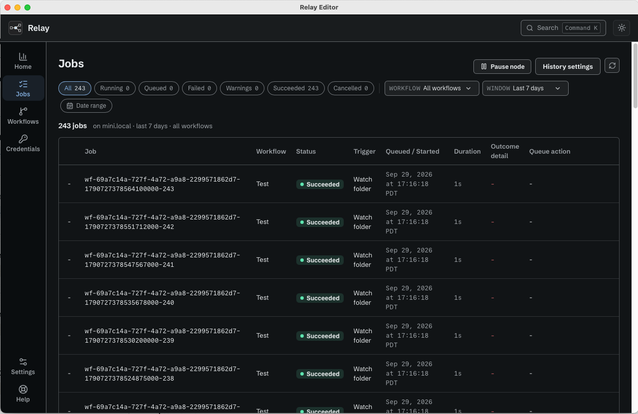 Relay Jobs view listing workflow runs, triggers, start times, durations, and outcomes
