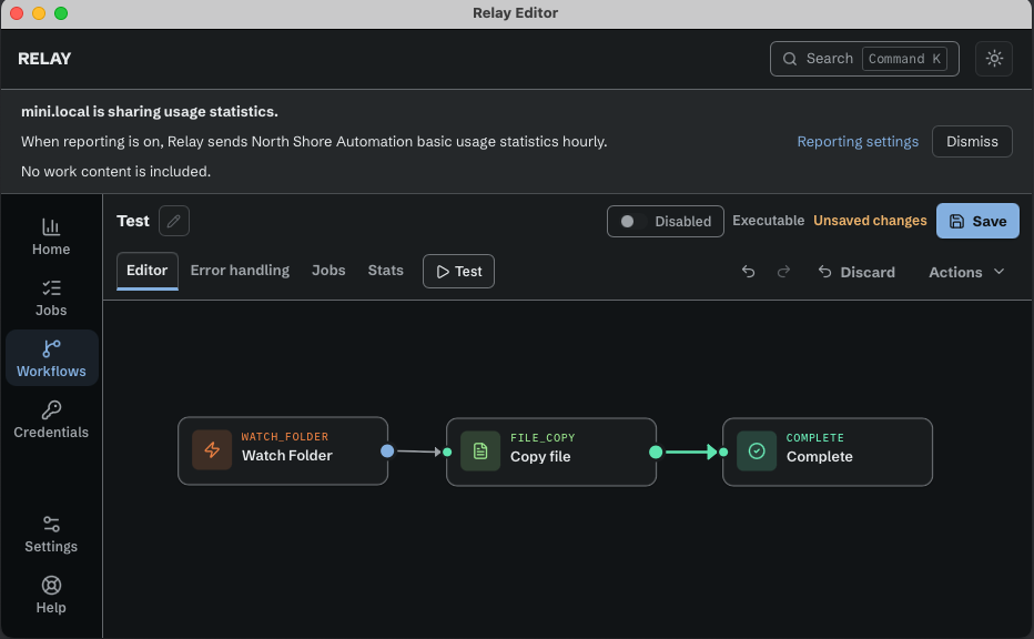 Relay workflow editor connecting Watch Folder, Copy file, and Complete steps