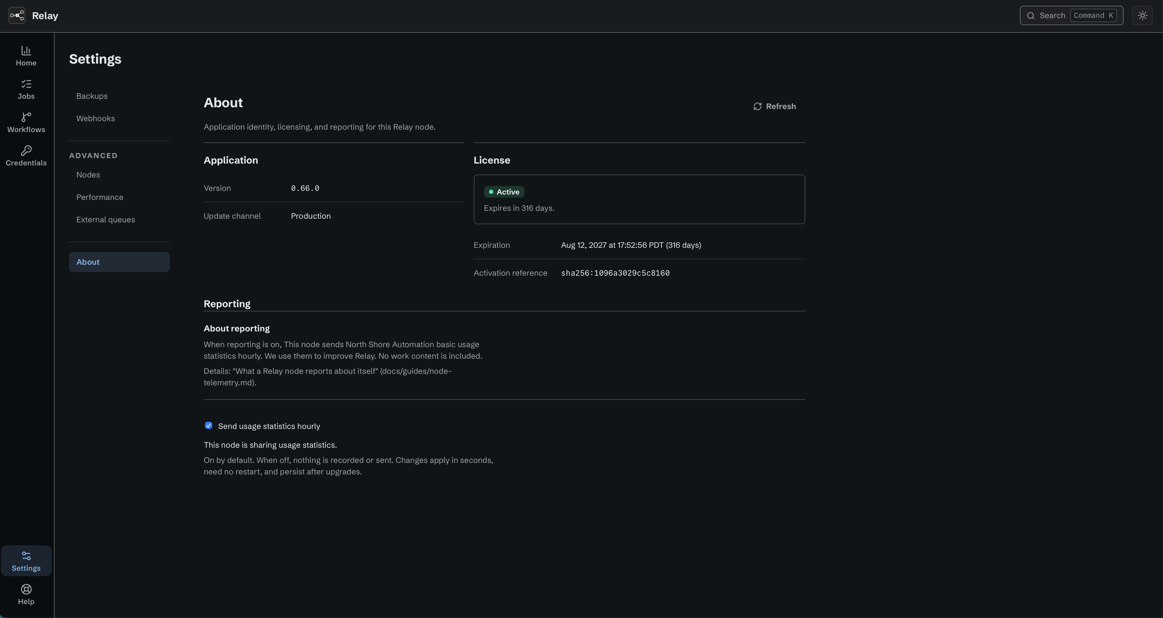 About settings showing Relay version 0.66.0, the Production update channel, an Active license with expiration, and Send usage statistics hourly enabled.