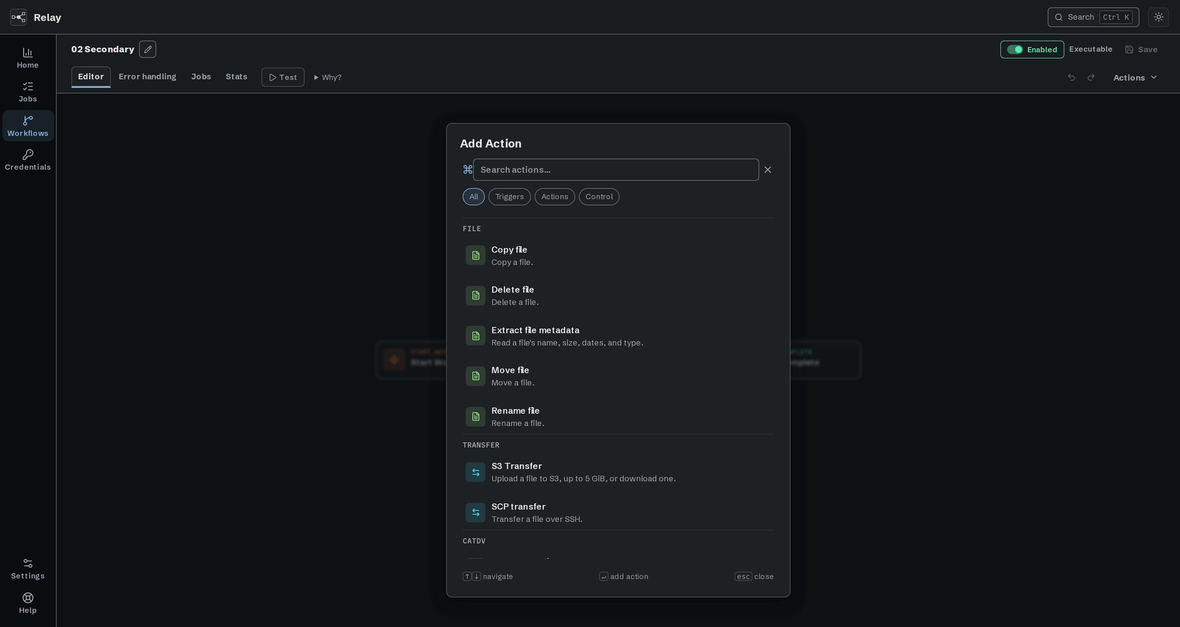 Add Action palette with its search field, All, Triggers, Actions, and Control filters, and actions grouped under File and Transfer.