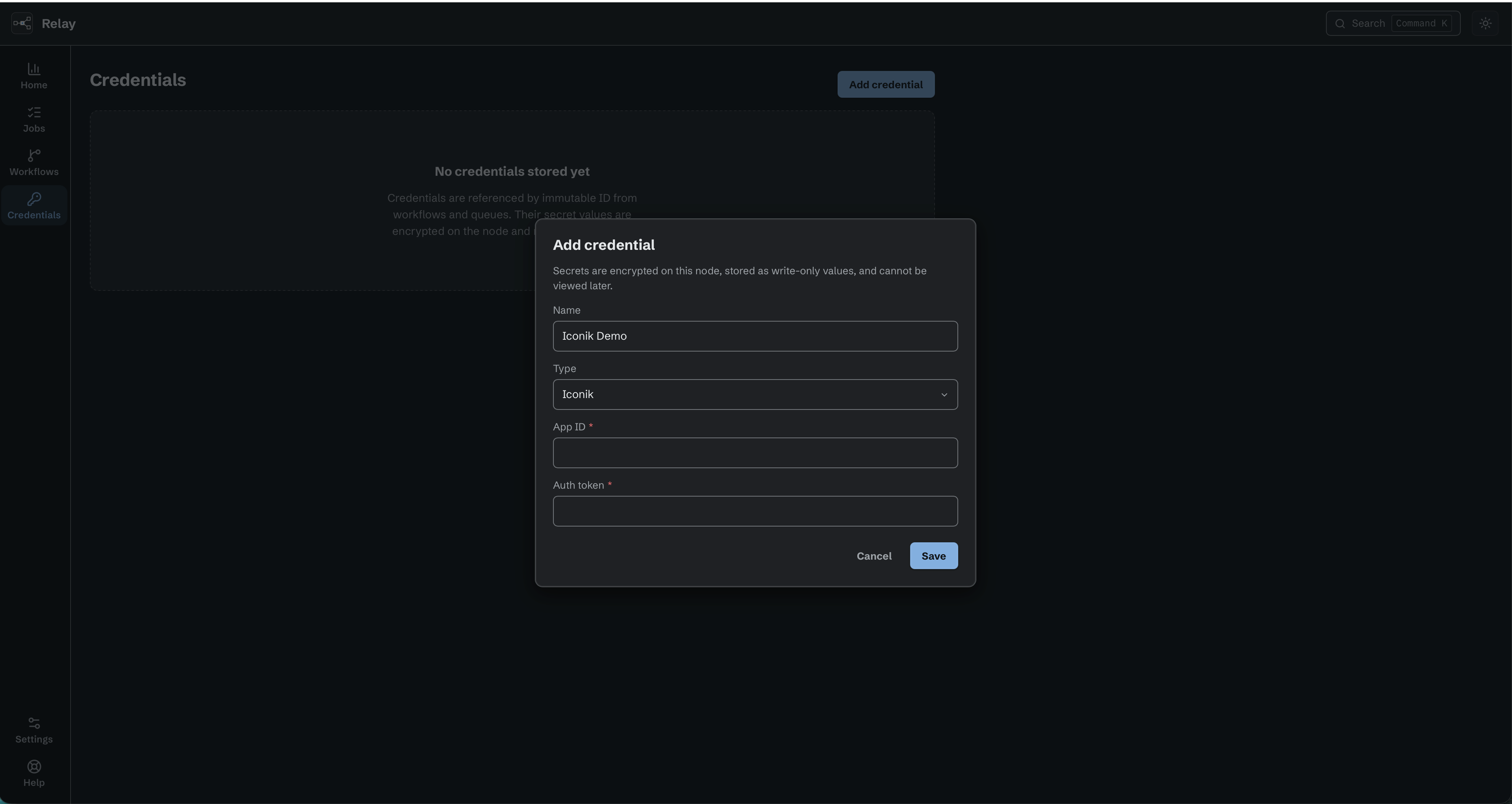Add credential dialog with Iconik Demo as the name, Iconik selected, and empty App ID and Auth token fields.