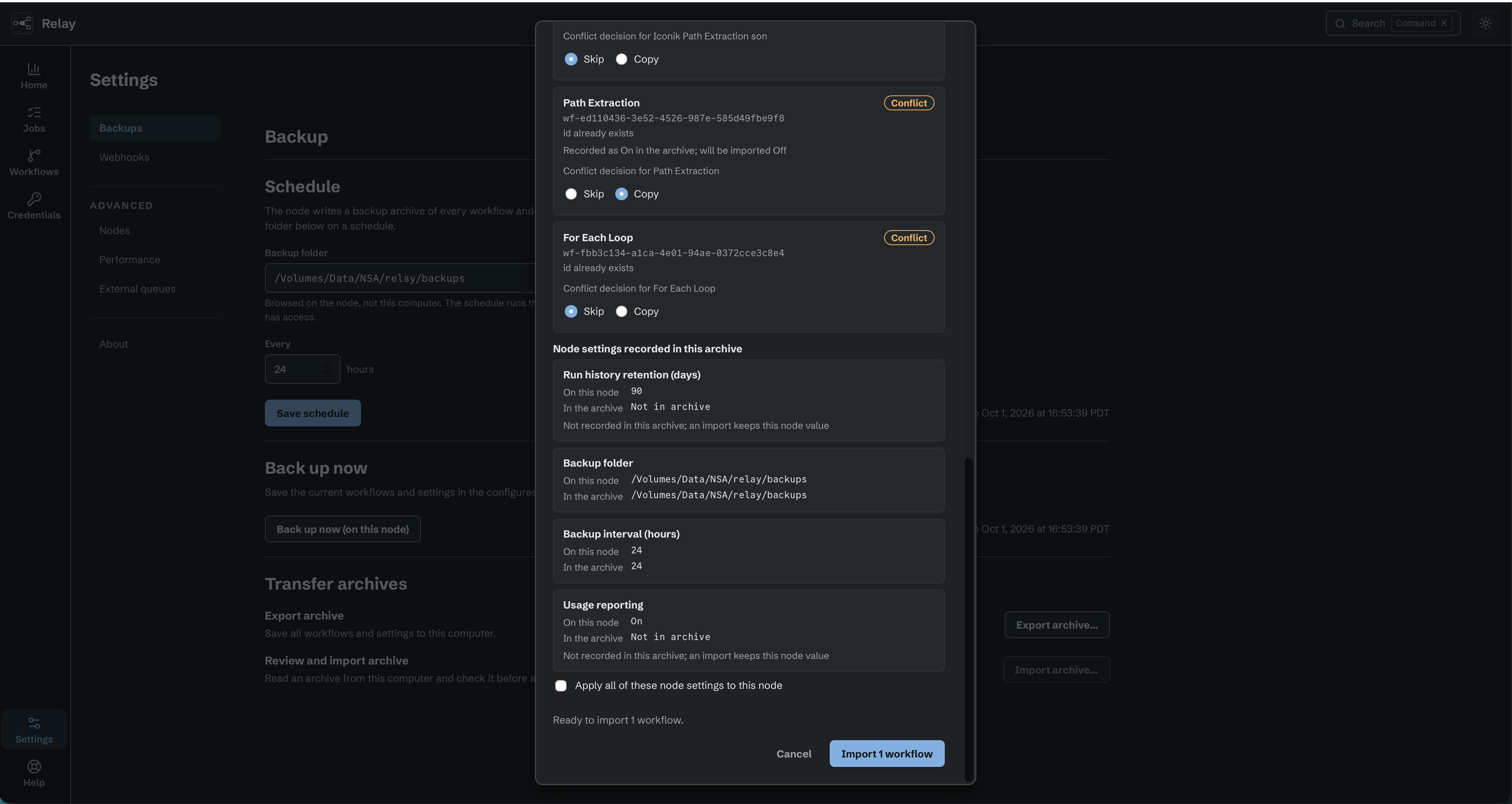 Archive import review showing workflow conflicts with Copy and Skip choices, current and archived node settings, and the unchecked Apply all of these node settings control.