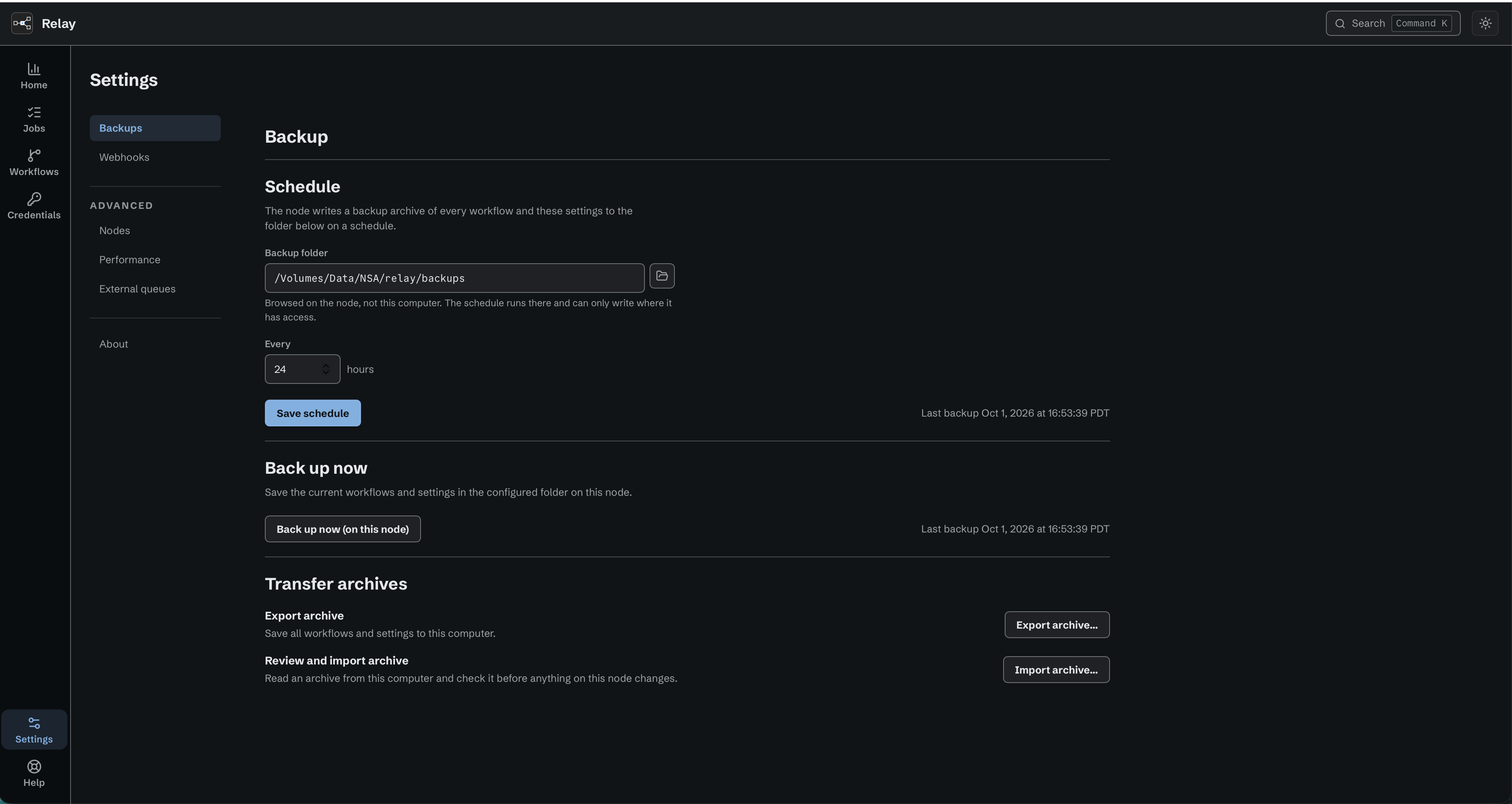 Backup settings showing a backup folder, a 24-hour schedule, Save schedule, Back up now, and archive export and import controls.