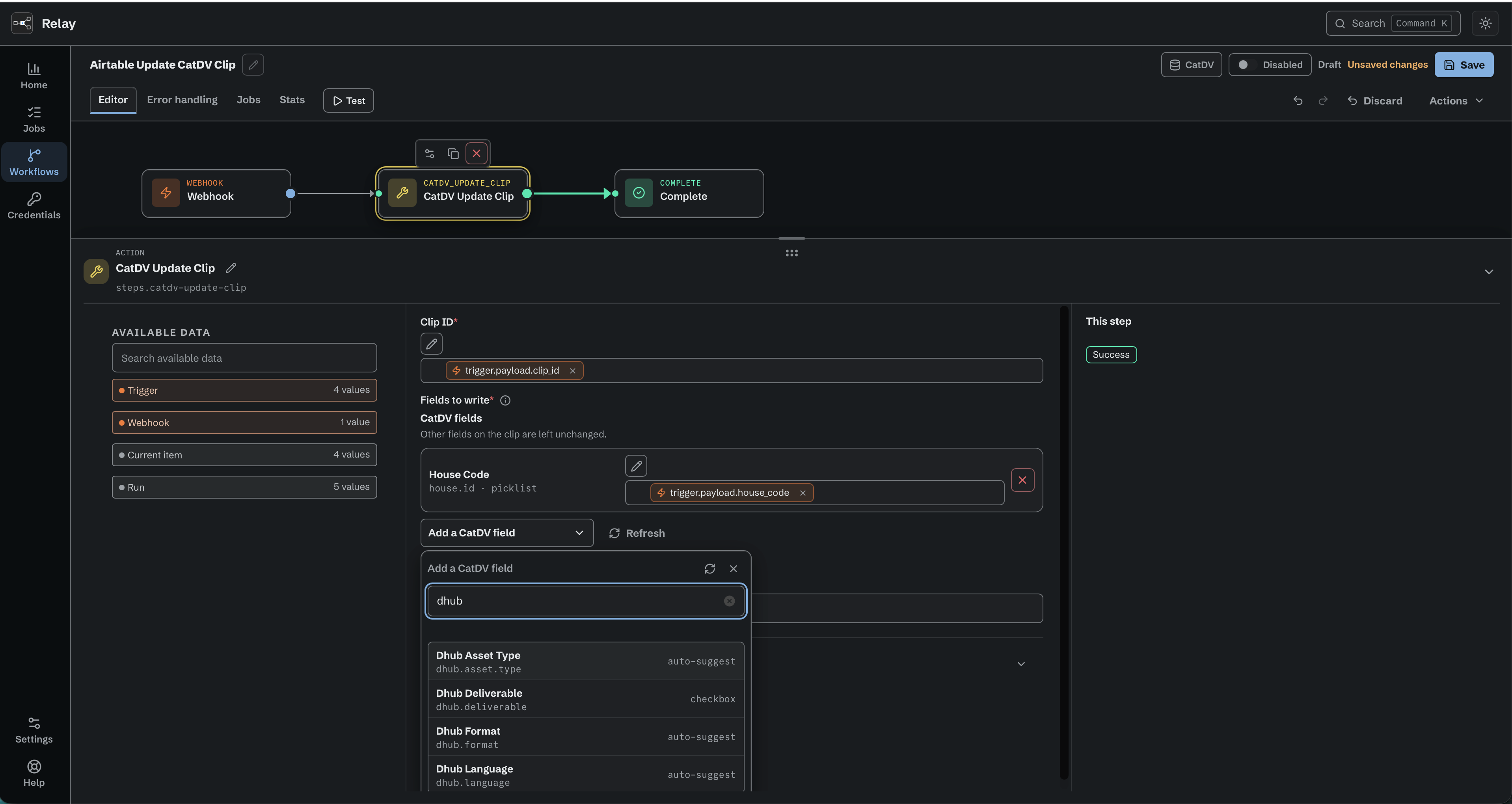 CatDV Update Clip settings with Clip ID and House Code linked to webhook data, and Add a CatDV field open with matching field names and types.
