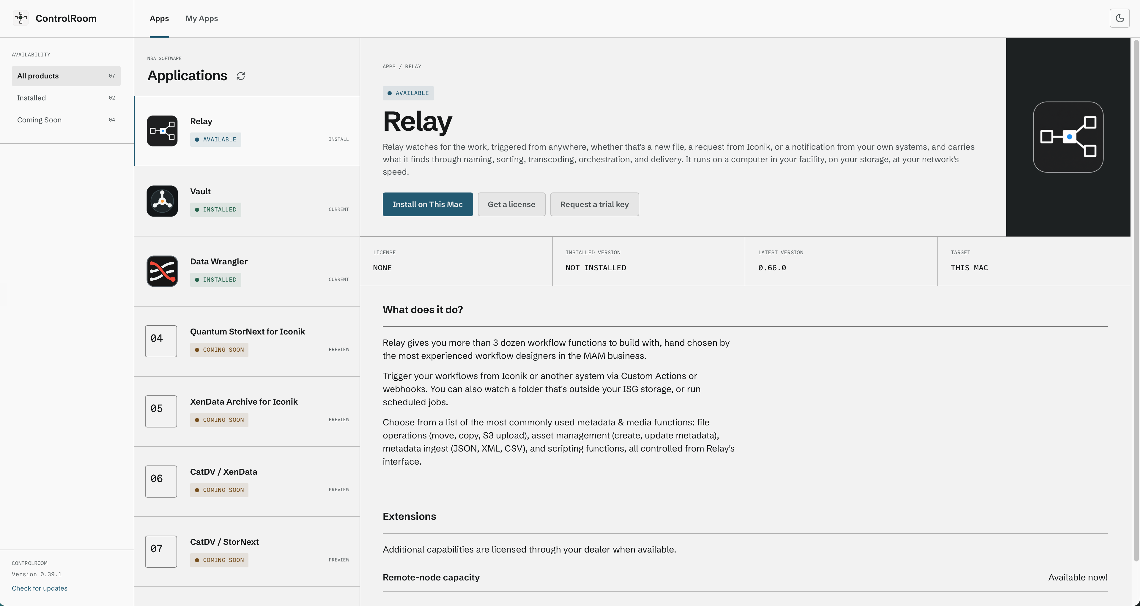 Relay selected in Control Room, with Install on This Mac and license, version, and target details visible.