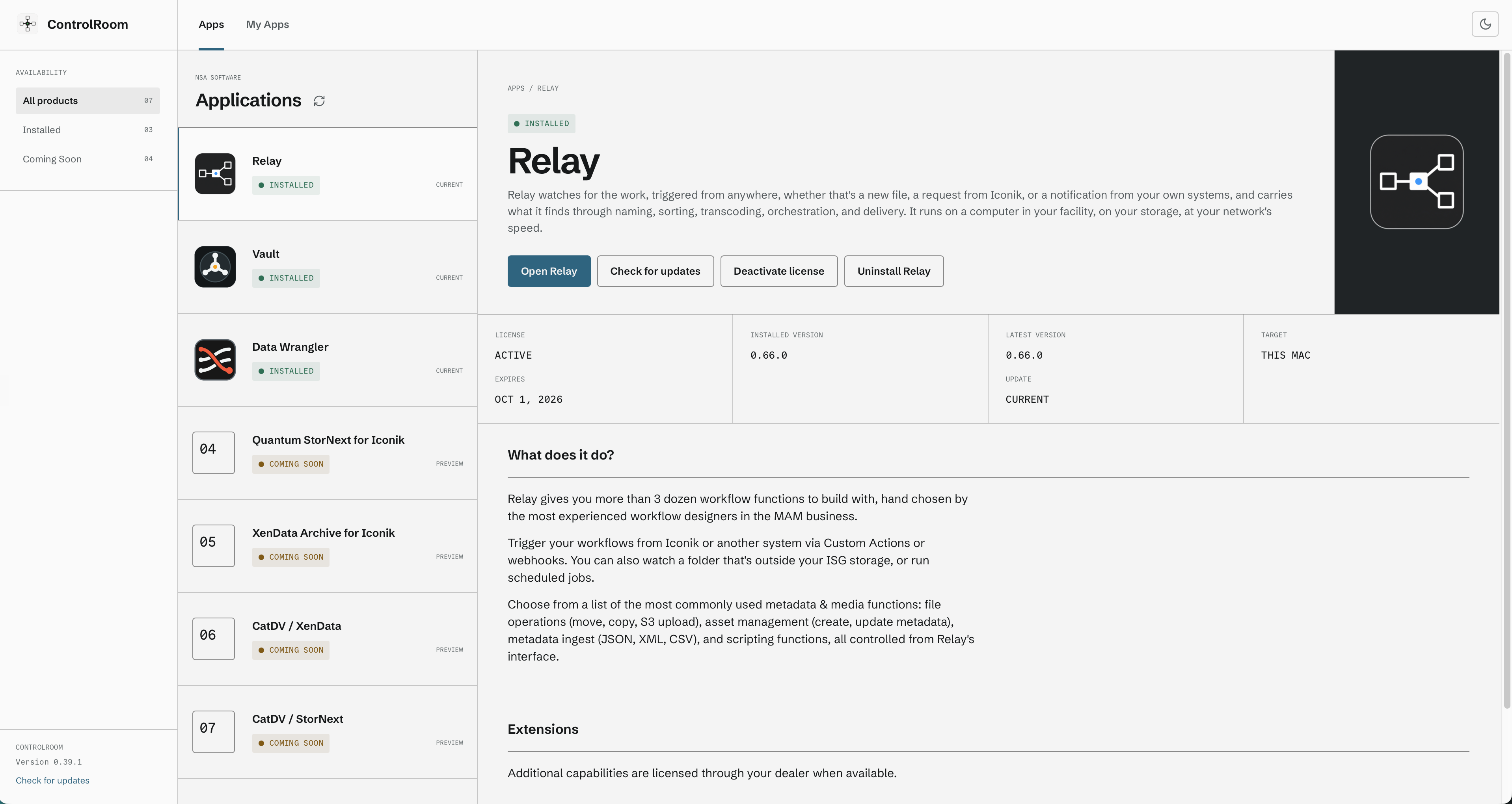 Relay installed in Control Room, with an active license, version 0.66.0, and the Open Relay button visible.