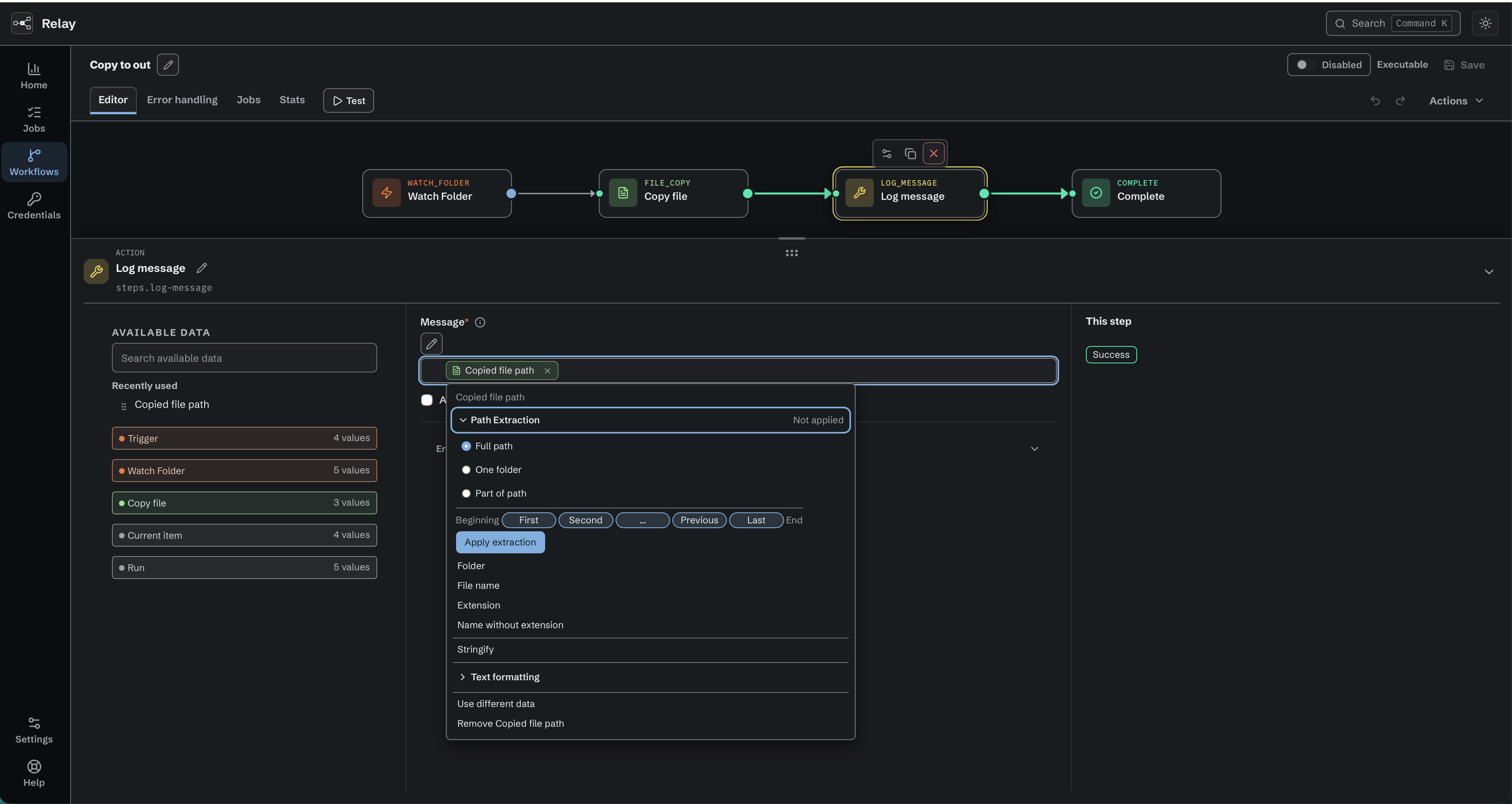 Copied file path chip in a Log message field, with its menu showing Path Extraction, path parts, Stringify, and collapsed Text formatting controls.