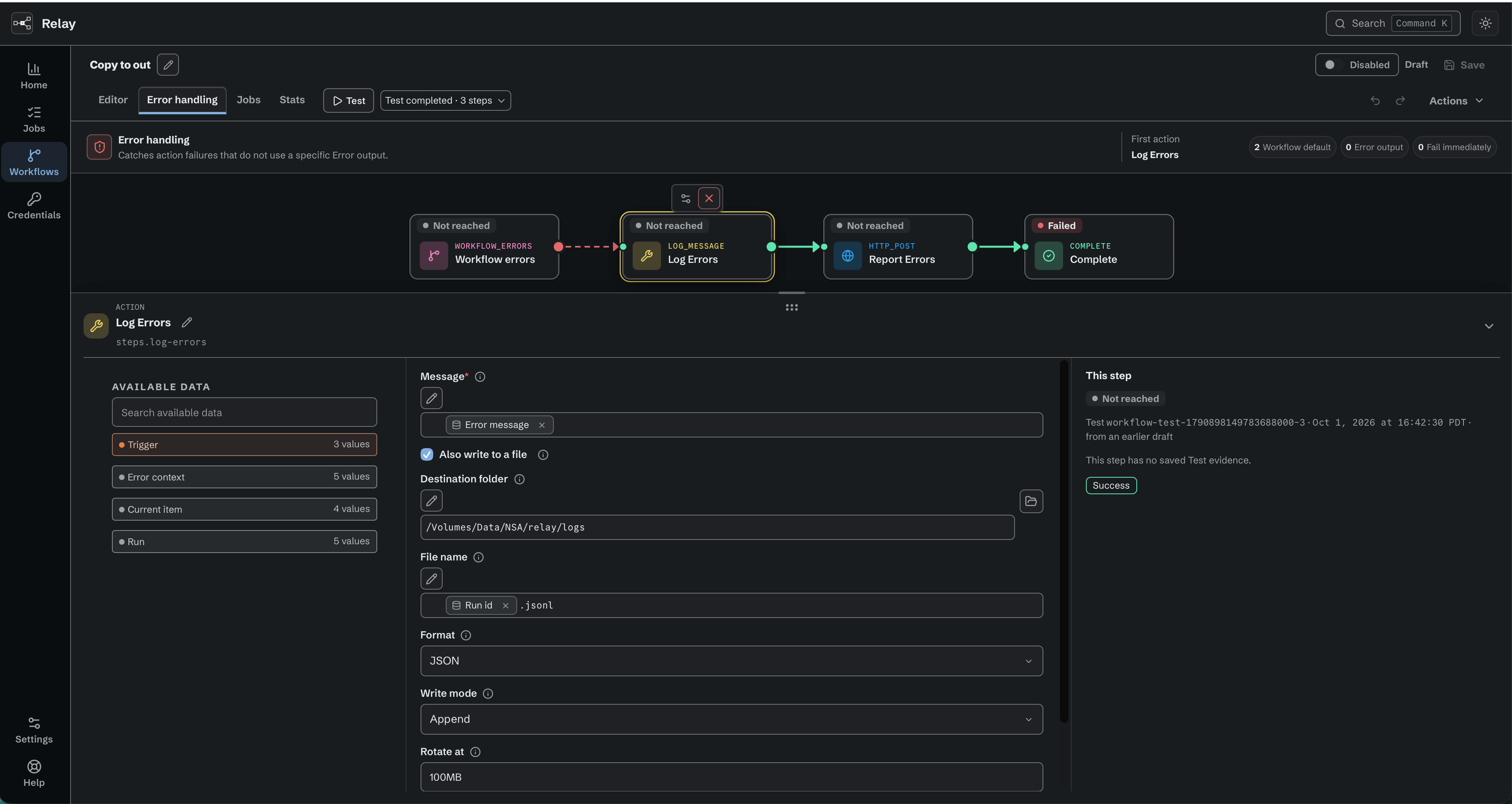 Error handling canvas connecting Workflow errors to Log Errors, Report Errors, and Complete, with the Log Errors settings selected.
