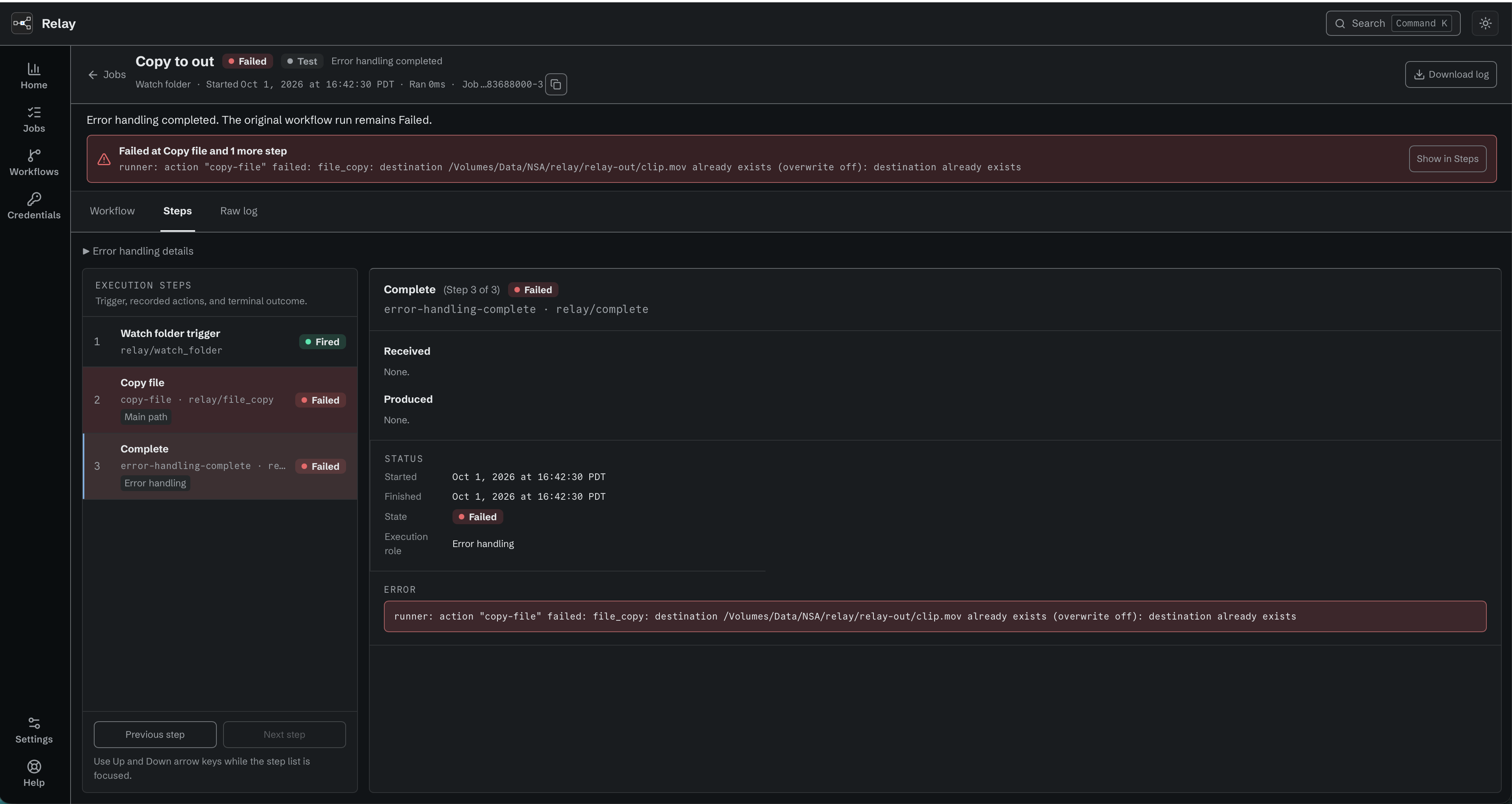 Failed Copy to out Test job showing a destination file already exists error, the execution steps, and the selected Complete step after Error handling.