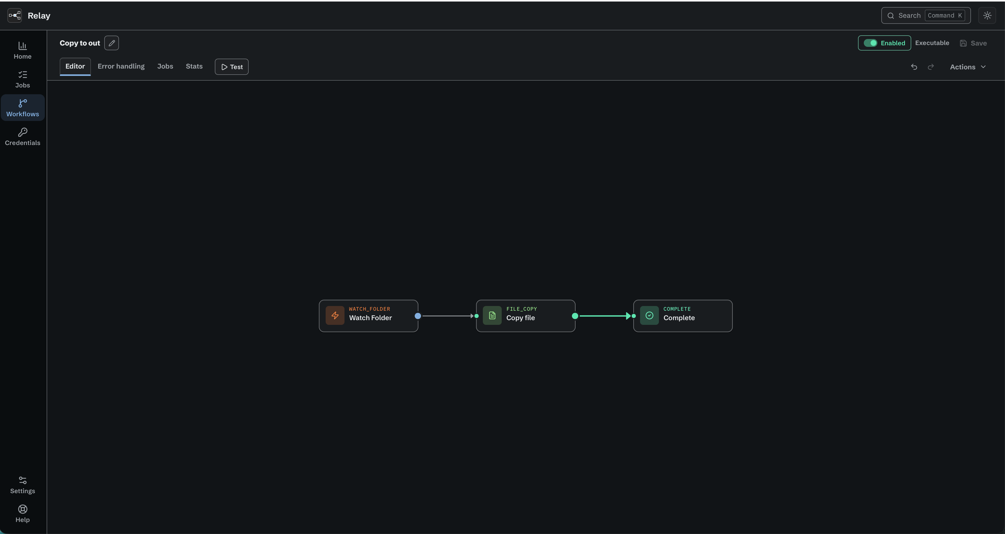 Watch Folder connected to Copy file and Complete, with Enabled and Executable shown in the workflow header.