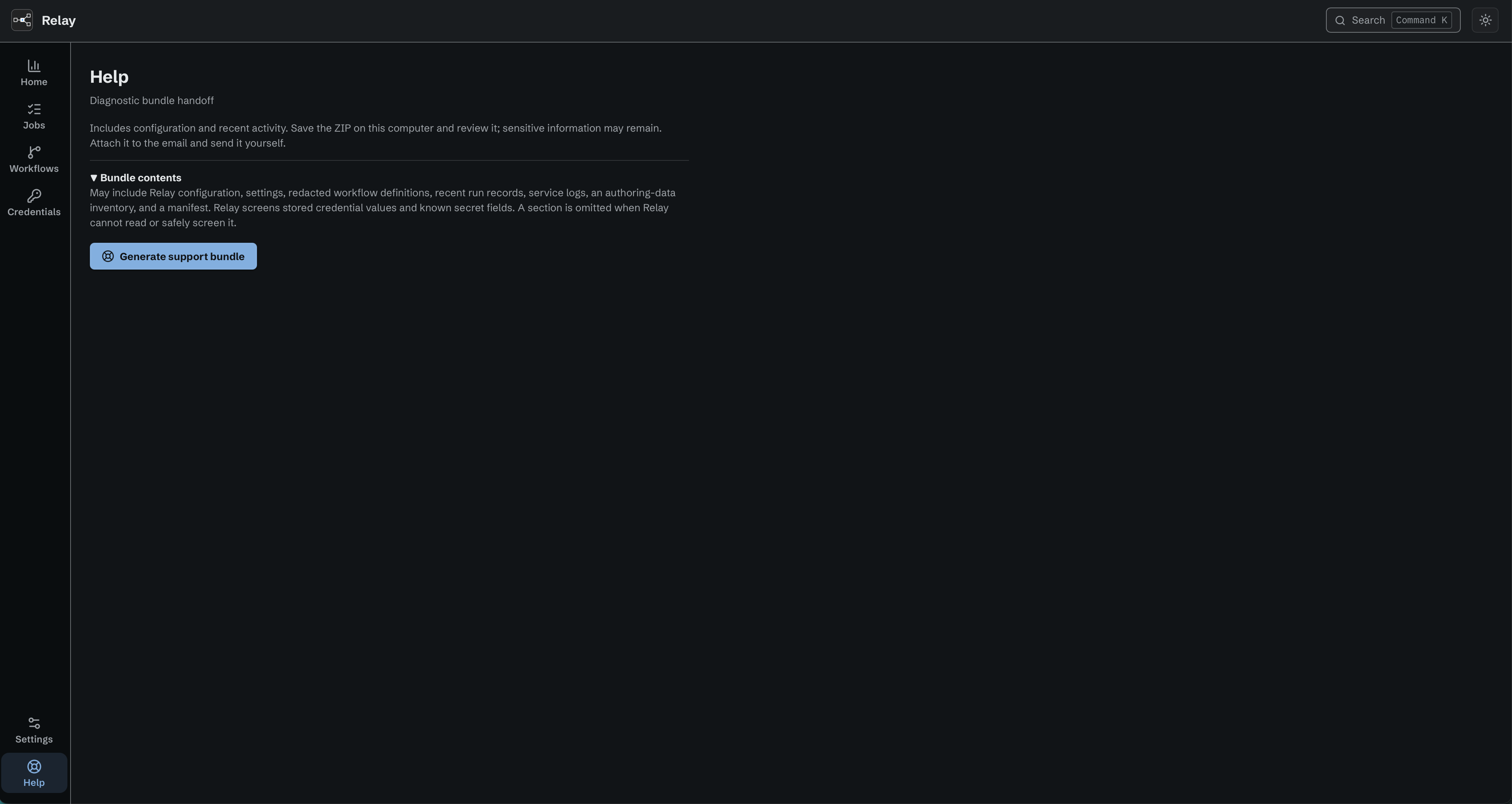 Help page with Bundle contents expanded, sensitive-information guidance, and the Generate support bundle button.
