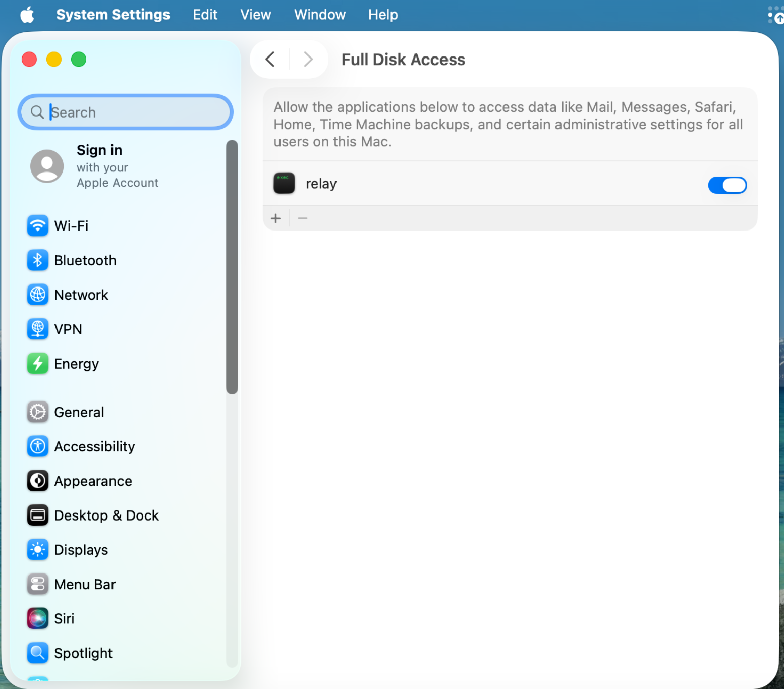 macOS System Settings showing relay enabled under Full Disk Access.