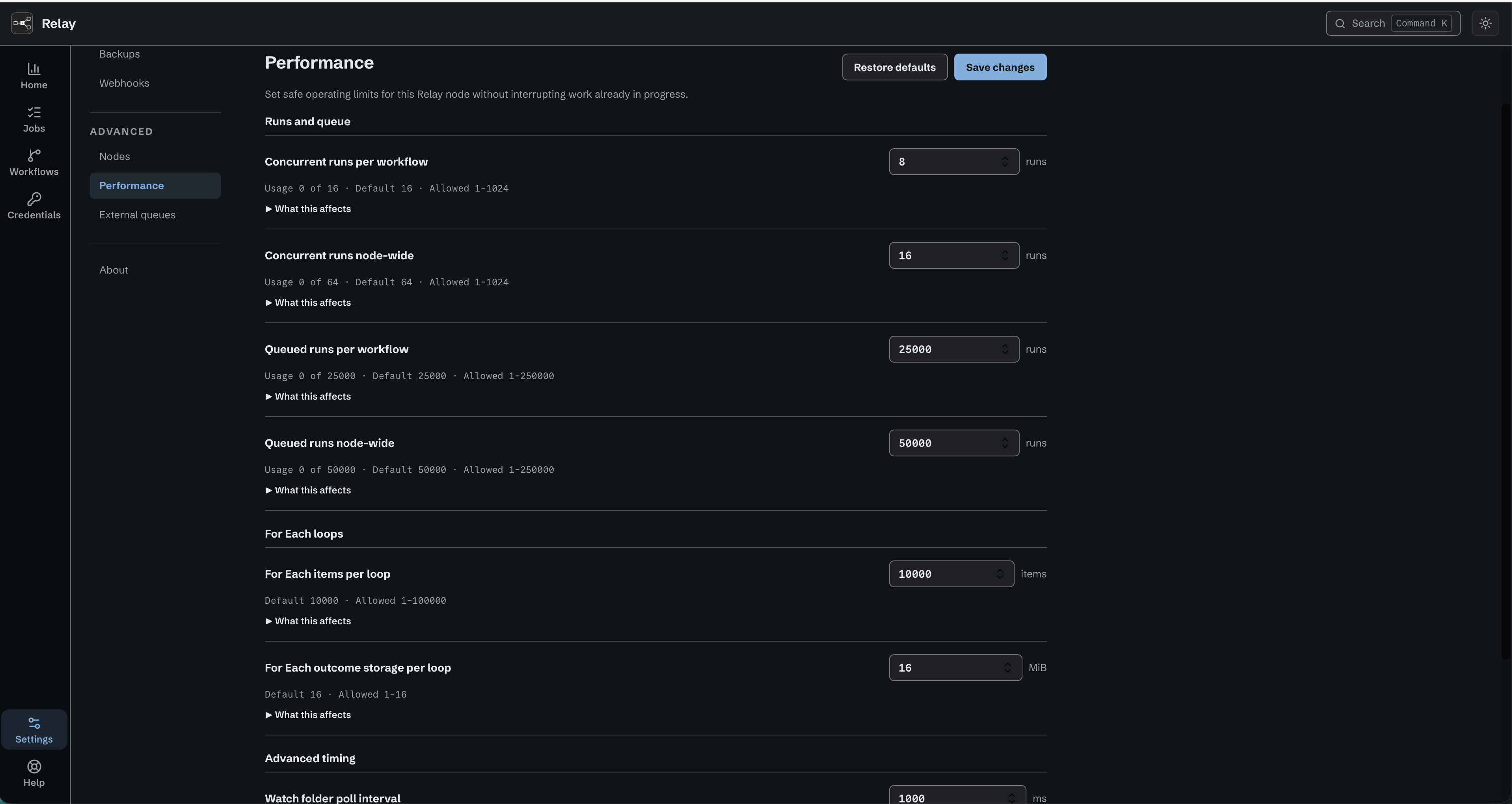 Performance settings showing Runs and queue, For Each loops, defaults and allowed ranges, and example concurrency values of 8 per workflow and 16 node-wide.