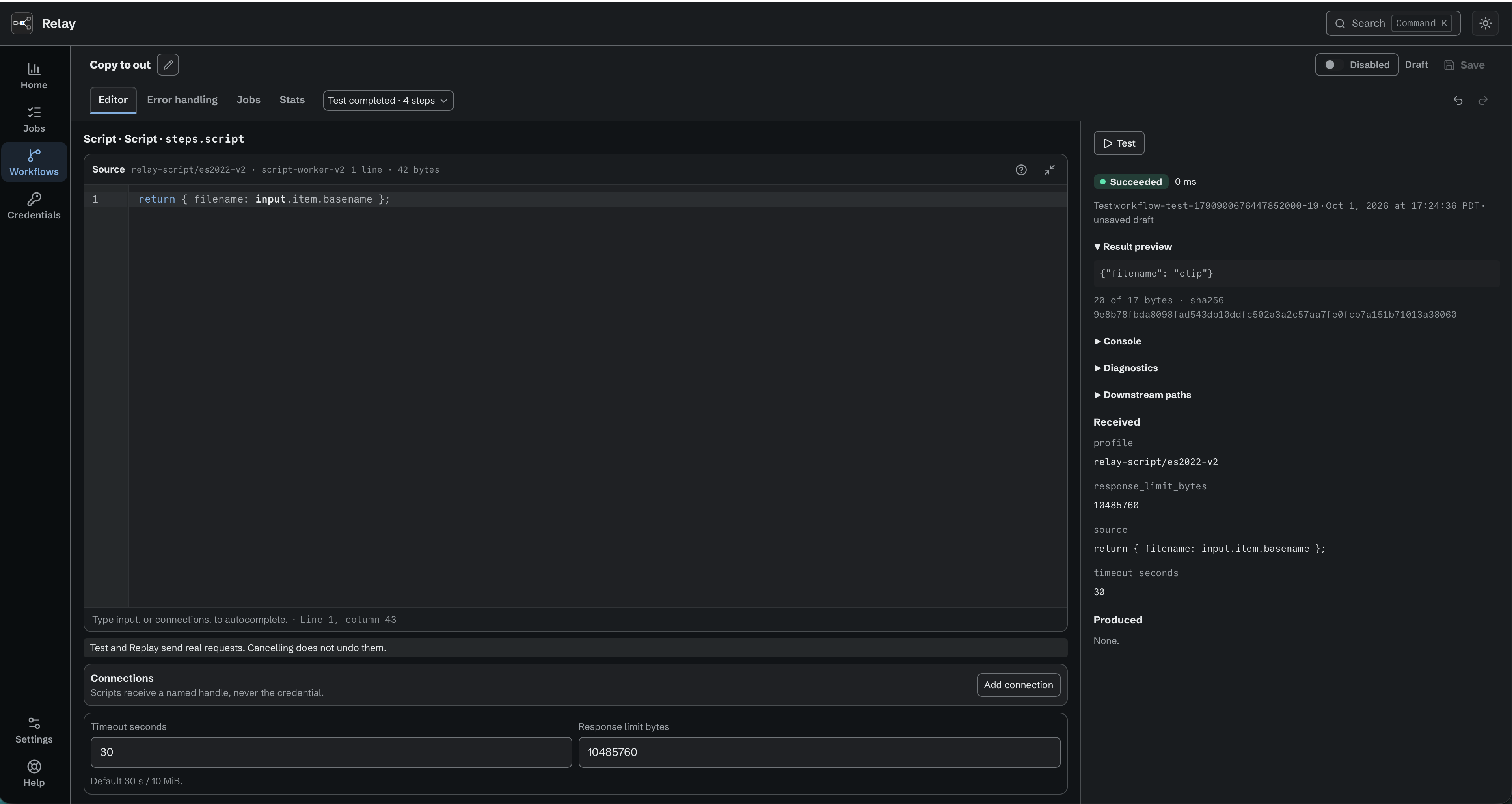 Expanded Script editor returning the current item basename, with Test controls, a Succeeded result, and a filename result preview.