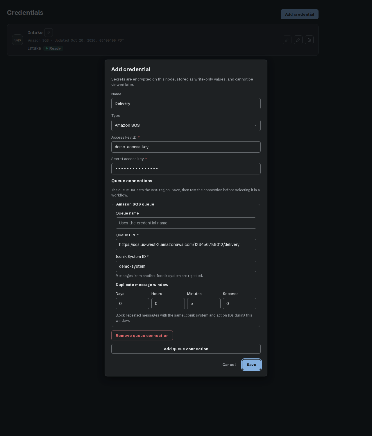 Amazon SQS credential form with keys, a queue connection with Queue name, Queue URL, Iconik System ID, a five-minute duplicate message window, and Save.