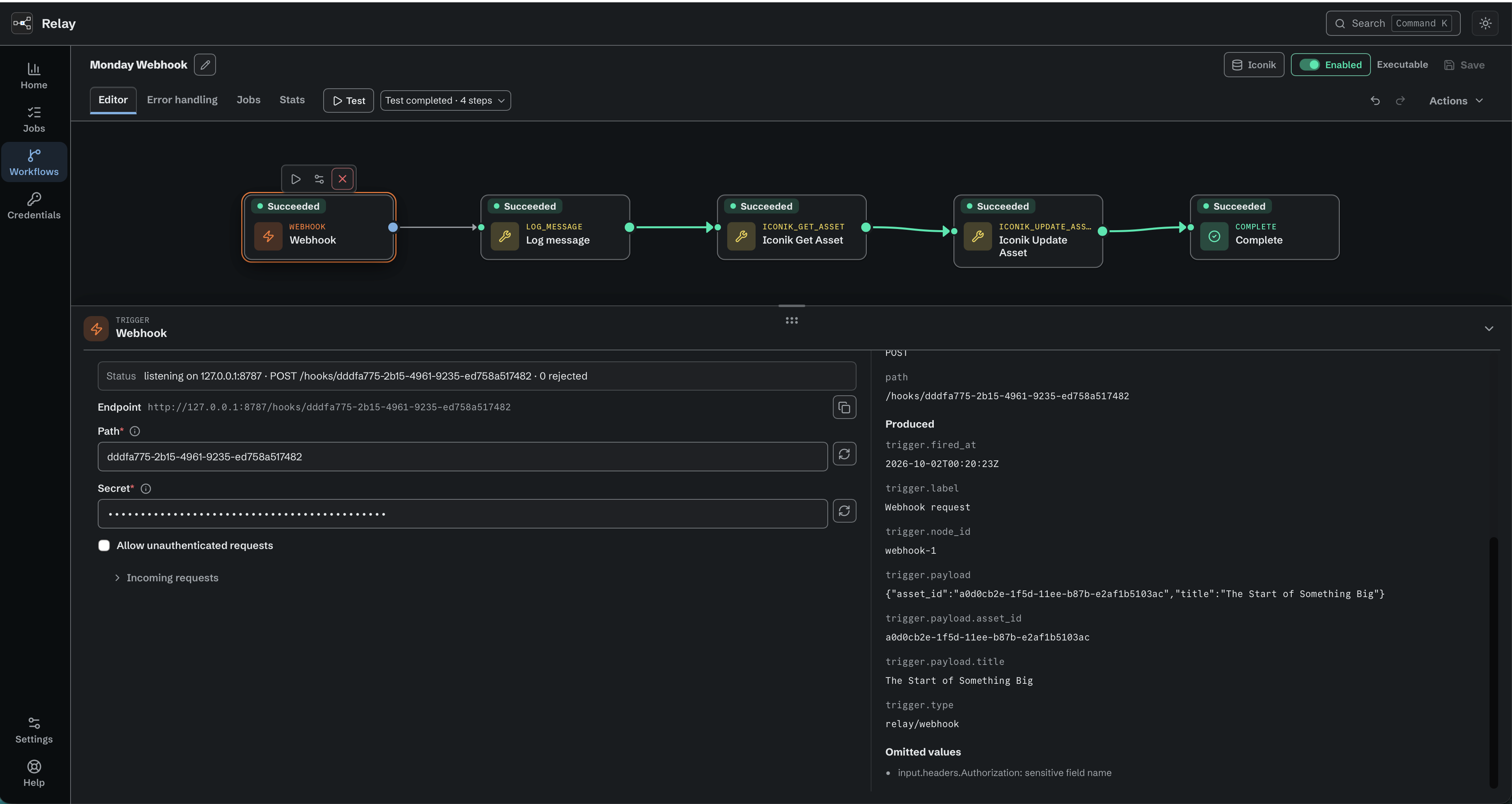 Webhook trigger selected in a succeeded Test, showing a local endpoint, masked secret, collapsed Incoming requests panel, and produced payload fields.