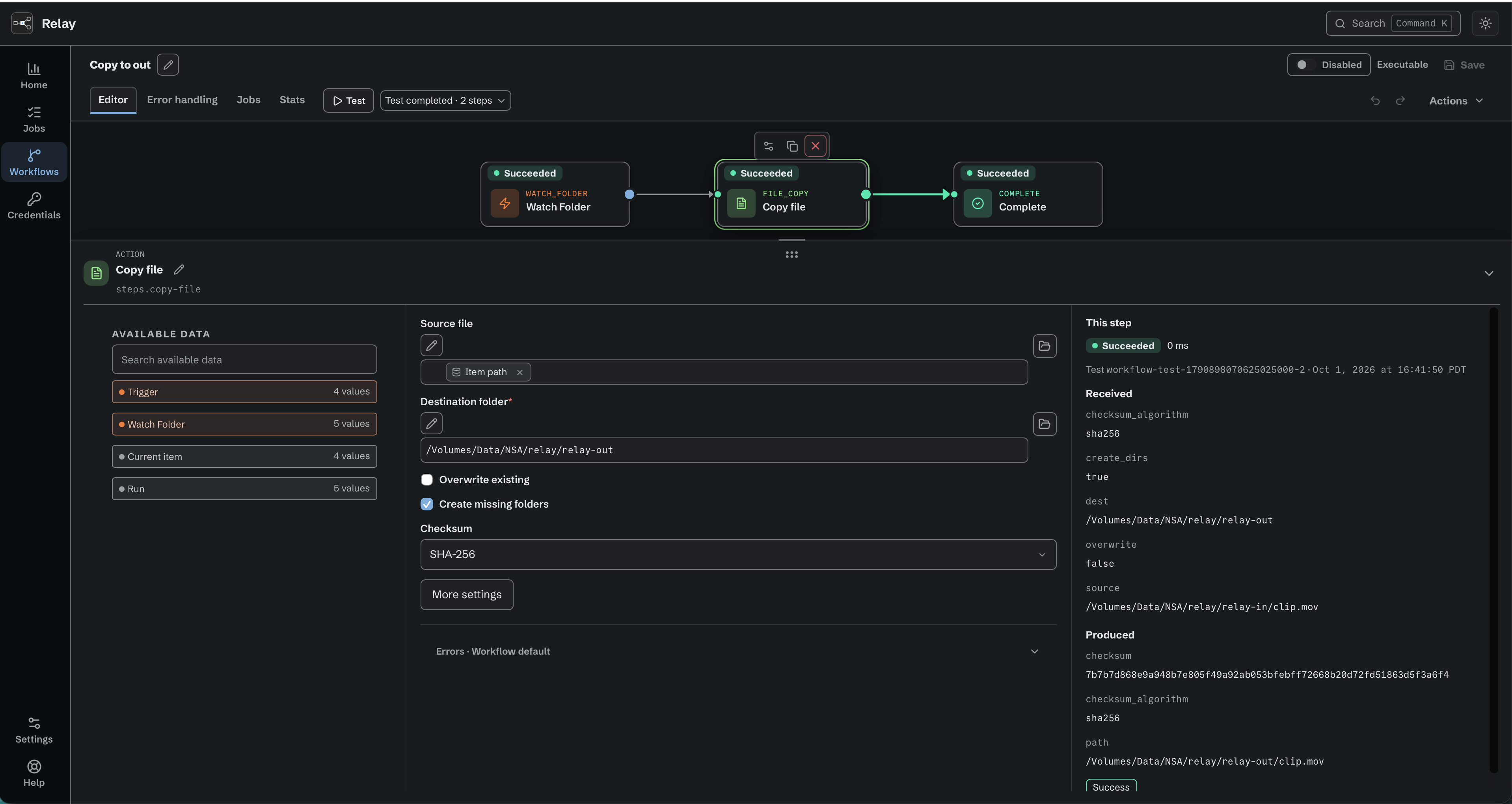 Completed workflow Test with succeeded nodes and Copy file selected, showing Received settings and Produced file path and checksum in This step.