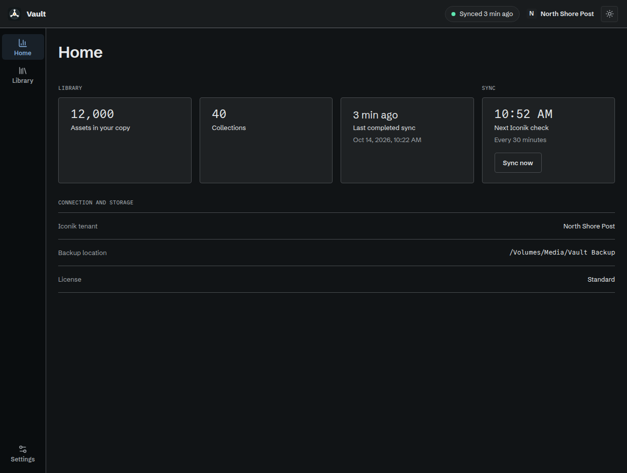 Home after a completed backup, showing library counts, the last completed sync, and the next Iconik check.