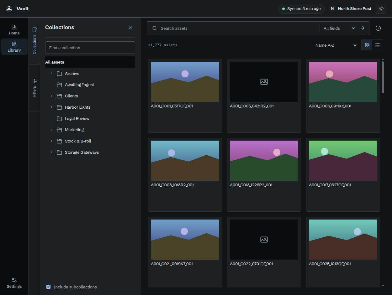 Library in grid view, with the collection drawer, search field, search scope, and sort control visible.