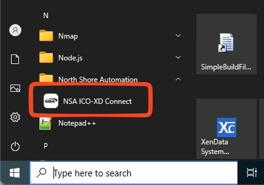 Start menu with NSA ICO-XD Connect in the North Shore Automation folder.
