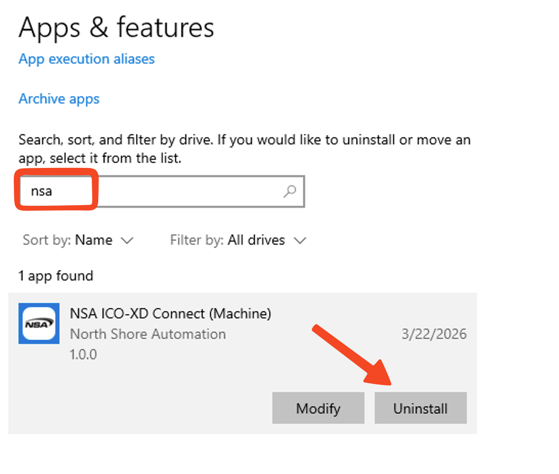 Windows installed apps list with NSA ICO-XD Connect selected.